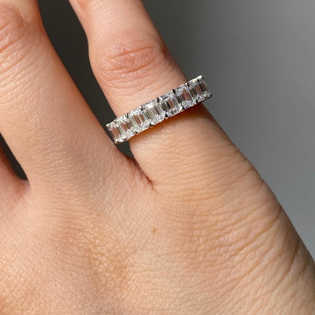 Half Iced Emerald Cut VVS Moissanite Ring Band 10K White Gold