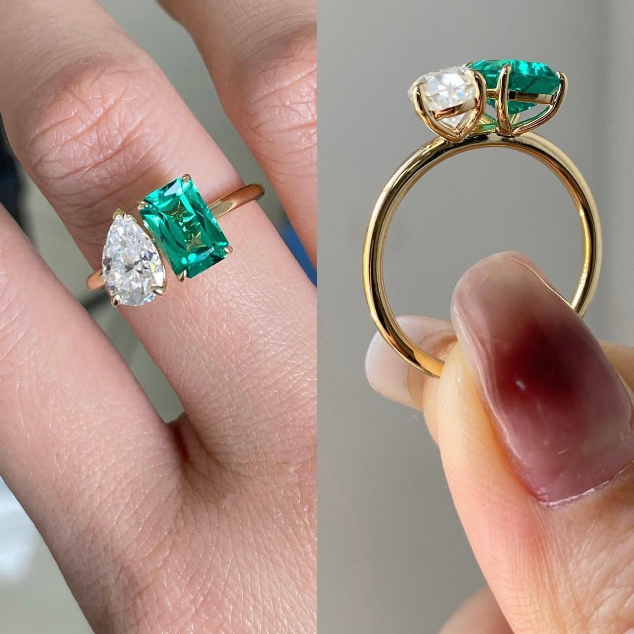10K Yellow Gold Two Tone White Mix Lab Created Emerald VVS Moissanite Diamond Ring