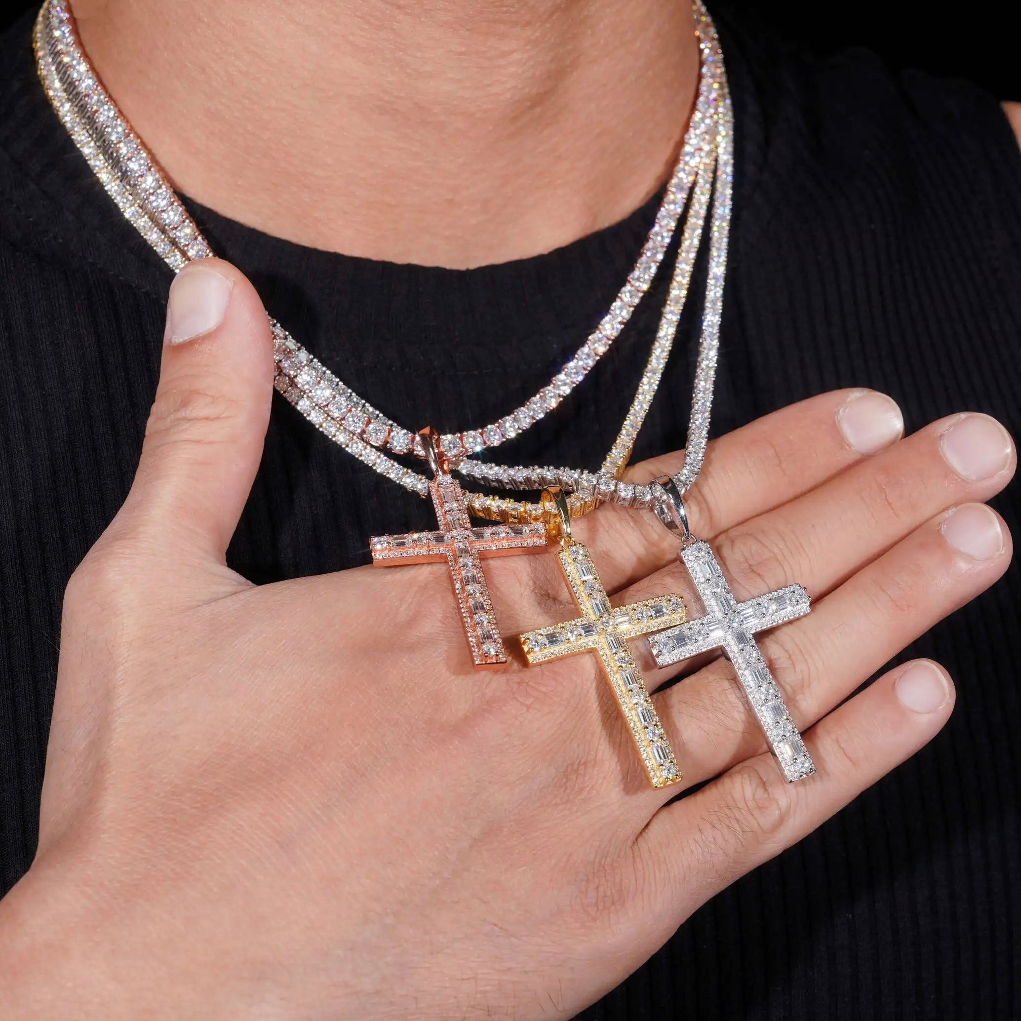 Solid Silver 2inch Tall Vvs Baguette Moissanite Diamond Cross Pendant Fit For 4MM Tennis Chain