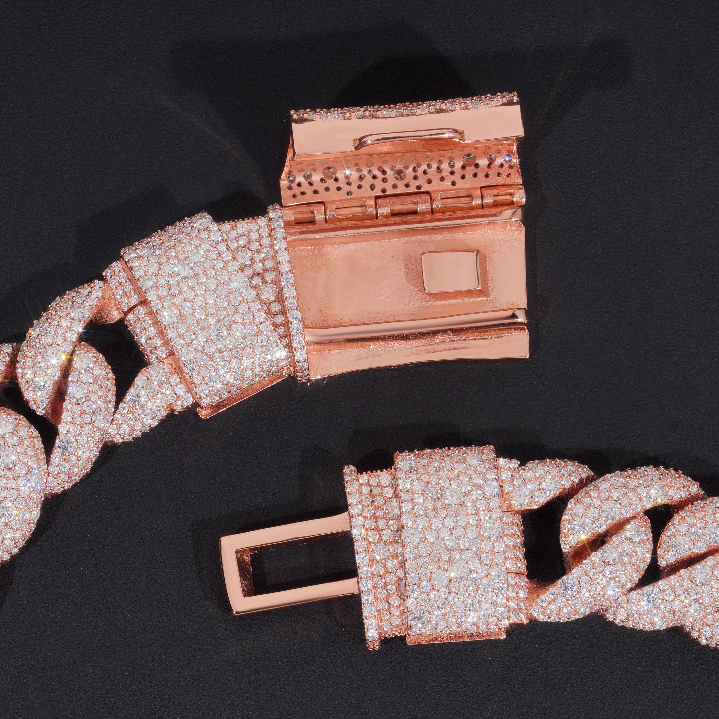 Solid Silver Rose Gold Plated 28MM Mosaic Setting Cuban Link Chain Necklace Moissanite Diamond For Men