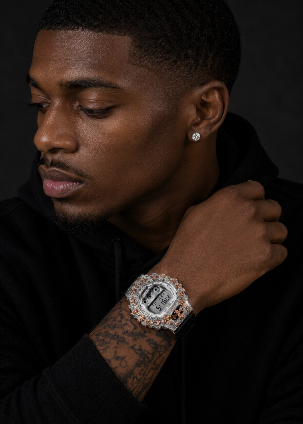 Rose Gold Two Tone Cross Feature Moissanite G Shock Watch