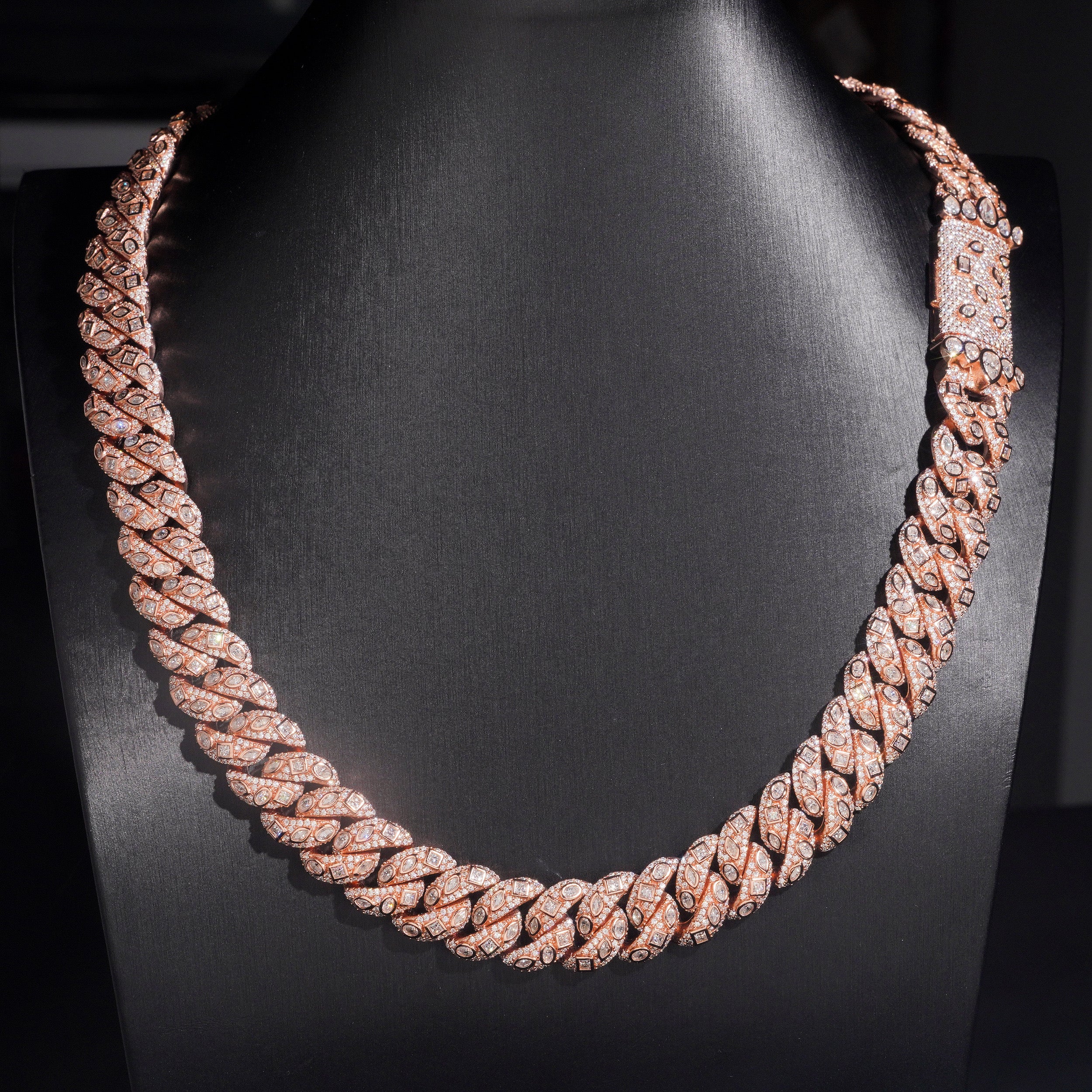 15MM Fancy Cut VVS Moissanite Diamond Cuban Link Chain Necklace Rose Gold