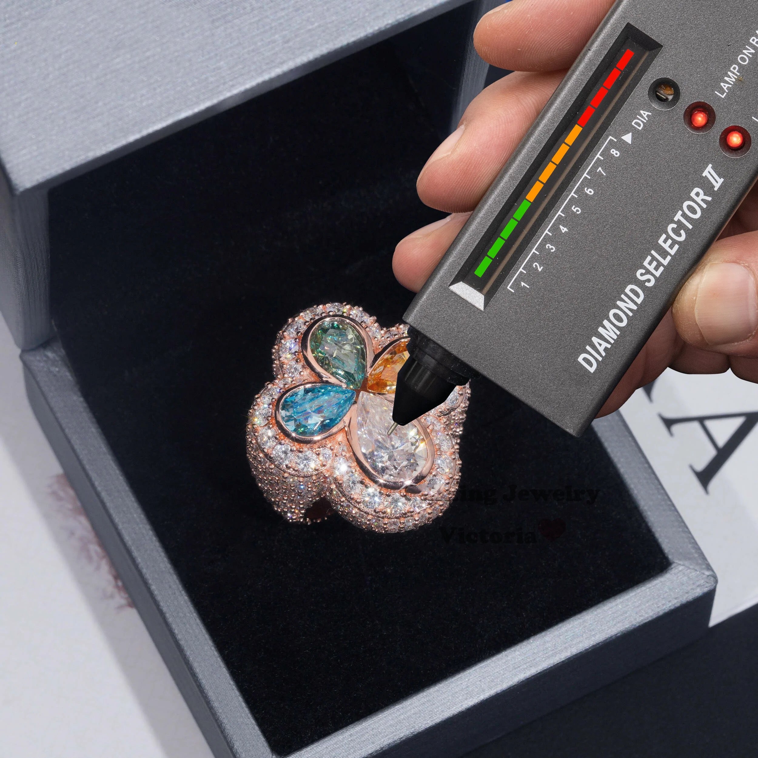 Sterling Silver Rose Gold Plated Color Moissanite Clover Ring Hip Hop Men Jewelry