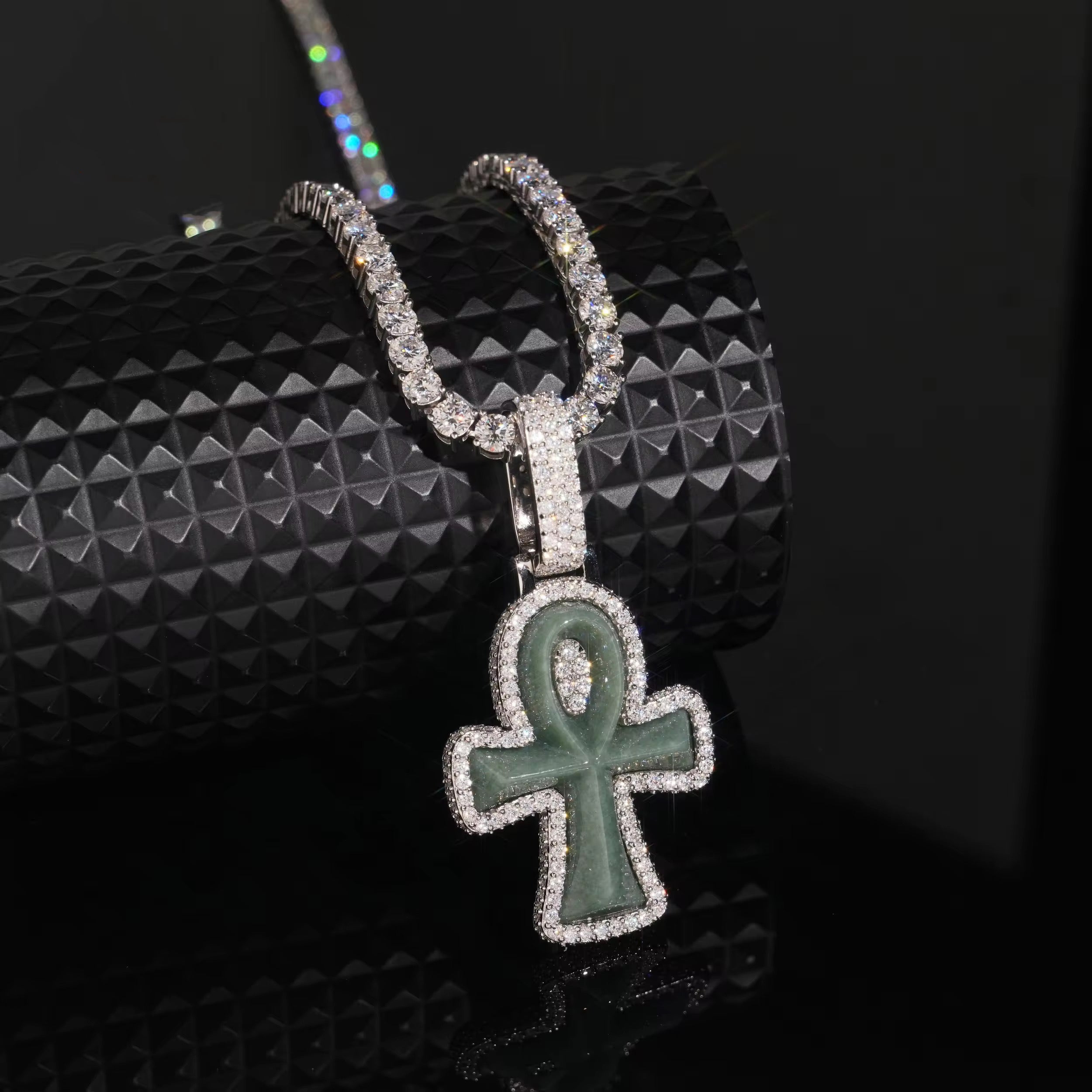 Moissanite Jade Ankh Cross Pendant Match 10MM Cuban Necklace
