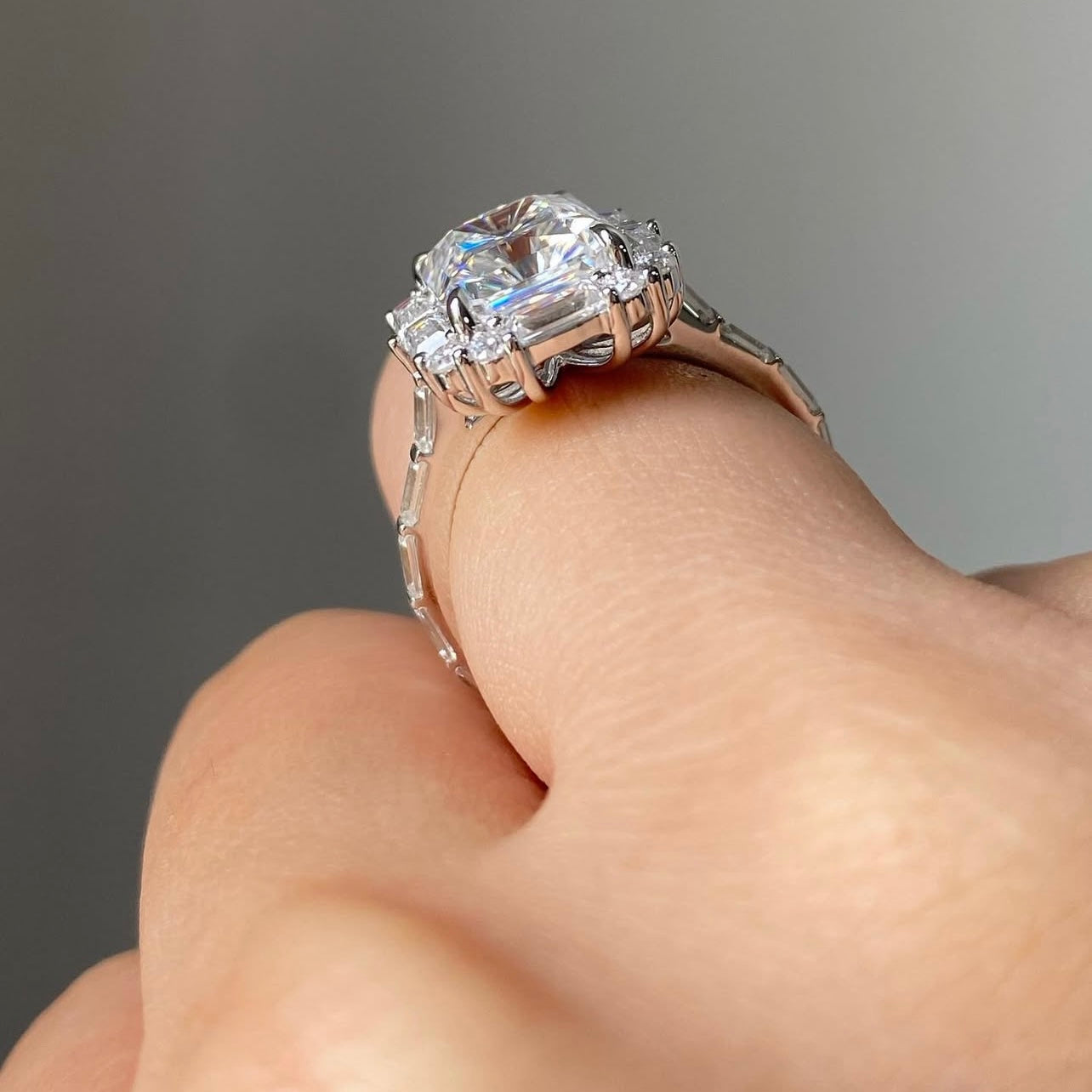 10K White Gold Radiant Cut Moissanite Diamond Wedding Vintage Jewelry