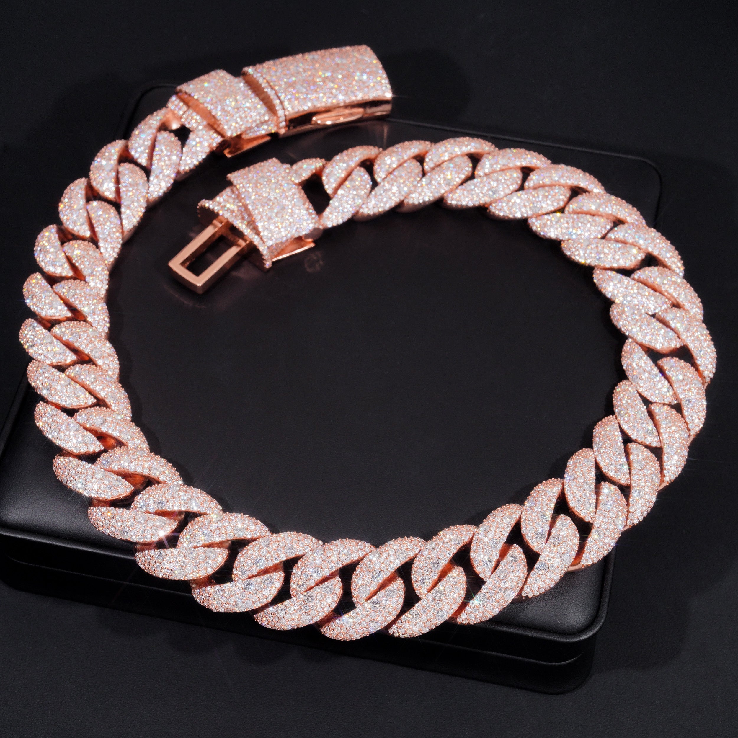 Solid Silver Rose Gold Plated 28MM Mosaic Setting Cuban Link Chain Necklace Moissanite Diamond For Men