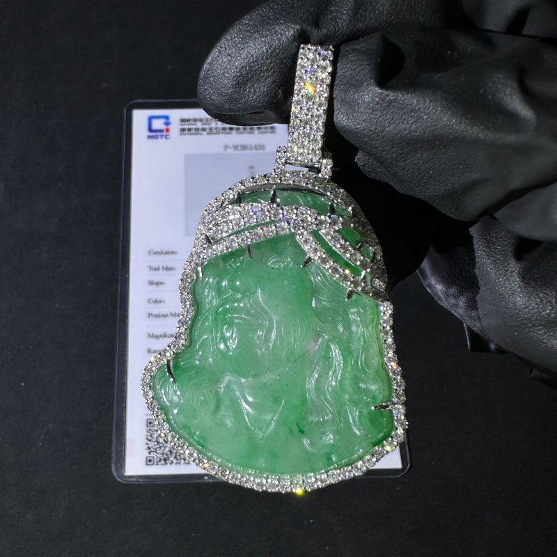 925 Sterling Silver Lab Grown Diamond Jade Jesus Pendant Iced Out