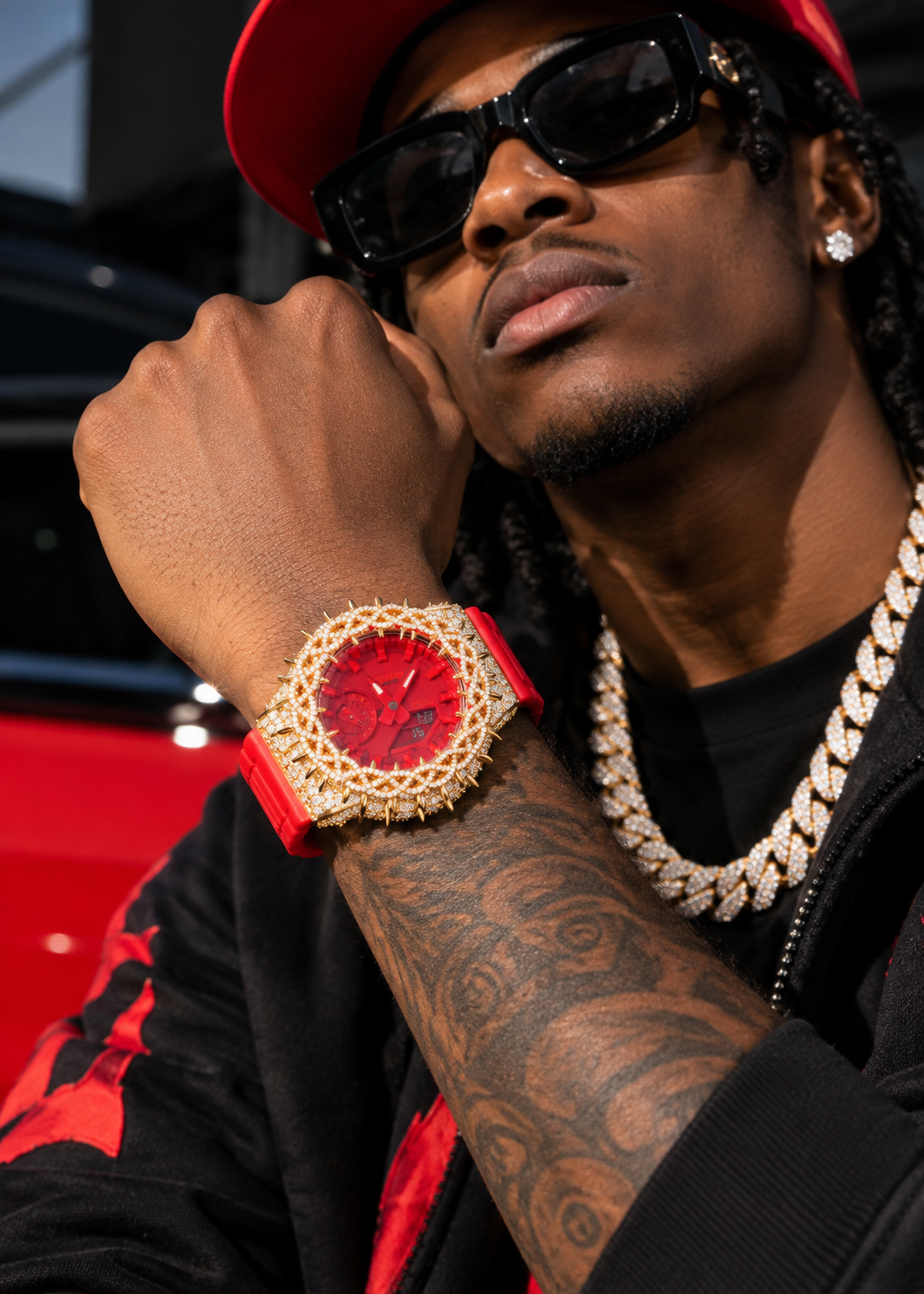 Red Strap GA2100 Gold Moissanite G Shock Watch