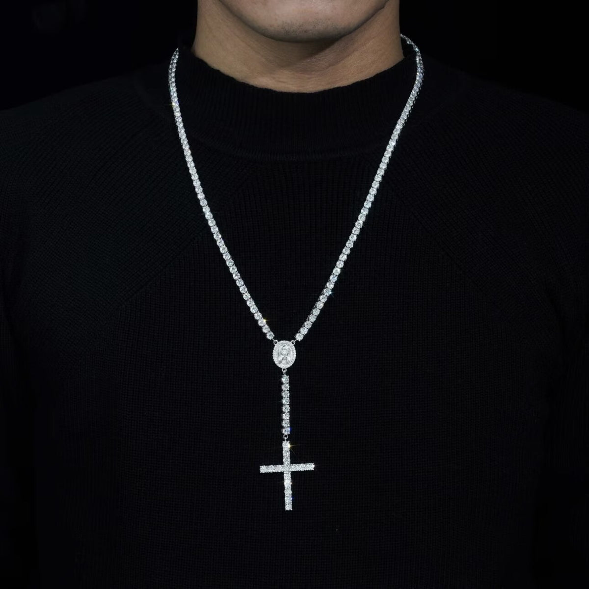 925 Sterling Silver Moissanite Jesus Cross Rosary Necklace