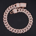 28mm iced-out moissanite Cuban link chain coiled to show full chain and open box clasp, rose gold-plated