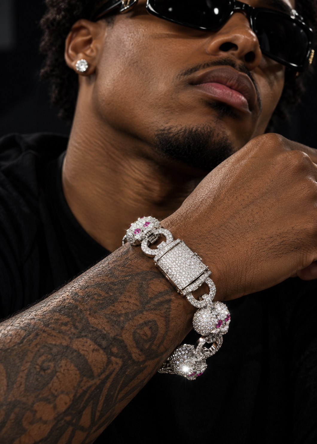 10MM Iced Out Moissanite Skull Bracelet with Ruby Eyes, 925 Silver Hip Hop Jewelry