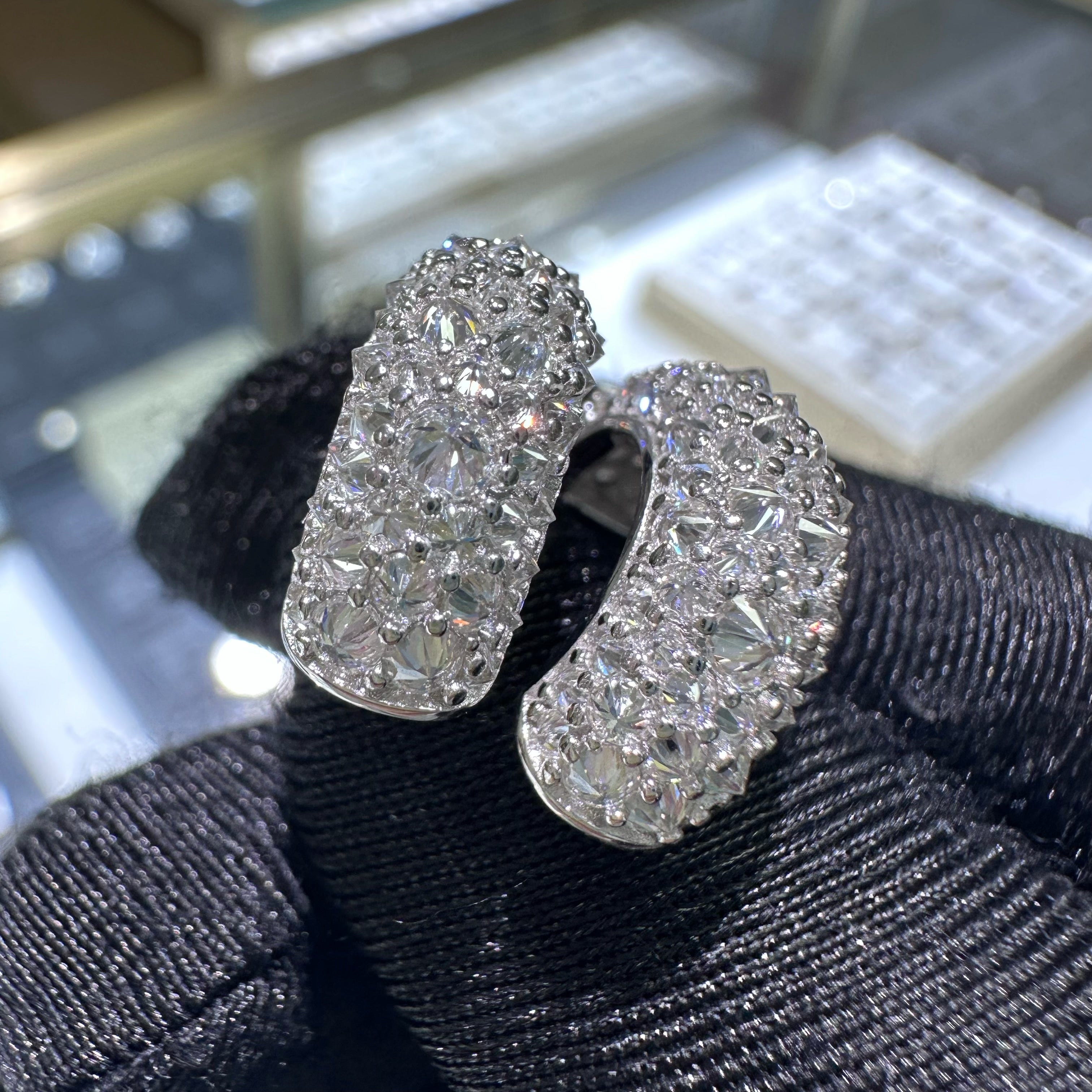 Mosaic Setting Inverted Iced Out Moissanite Hoop Earrings