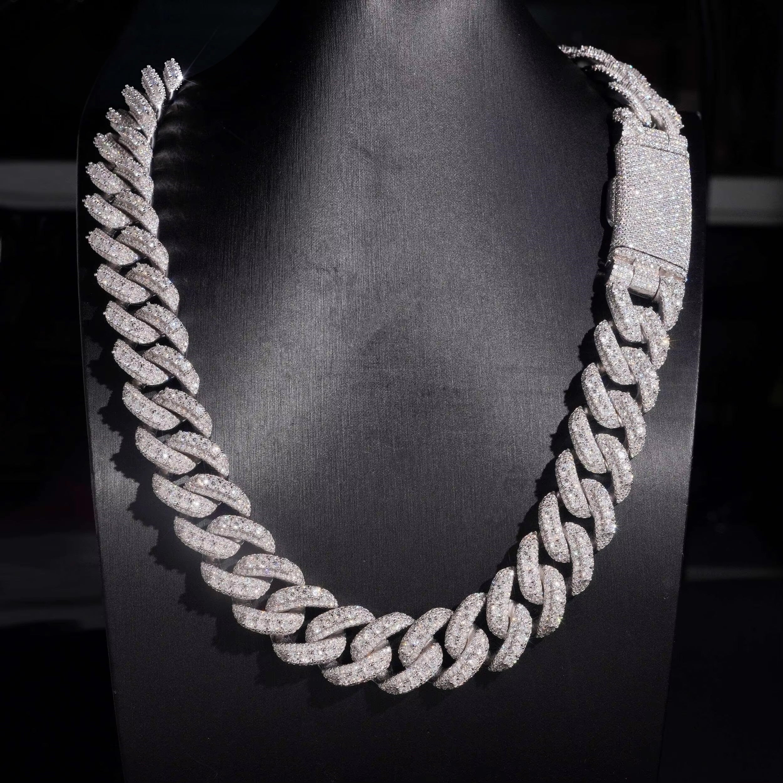 20MM Raised Stone Cuban Necklace Sterling Silver Moissanite Diamond