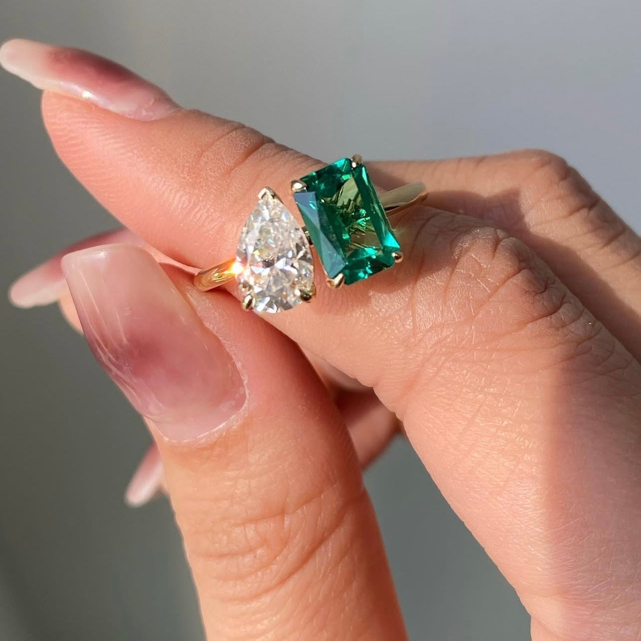 10K Yellow Gold Two Tone White Mix Lab Created Emerald VVS Moissanite Diamond Ring