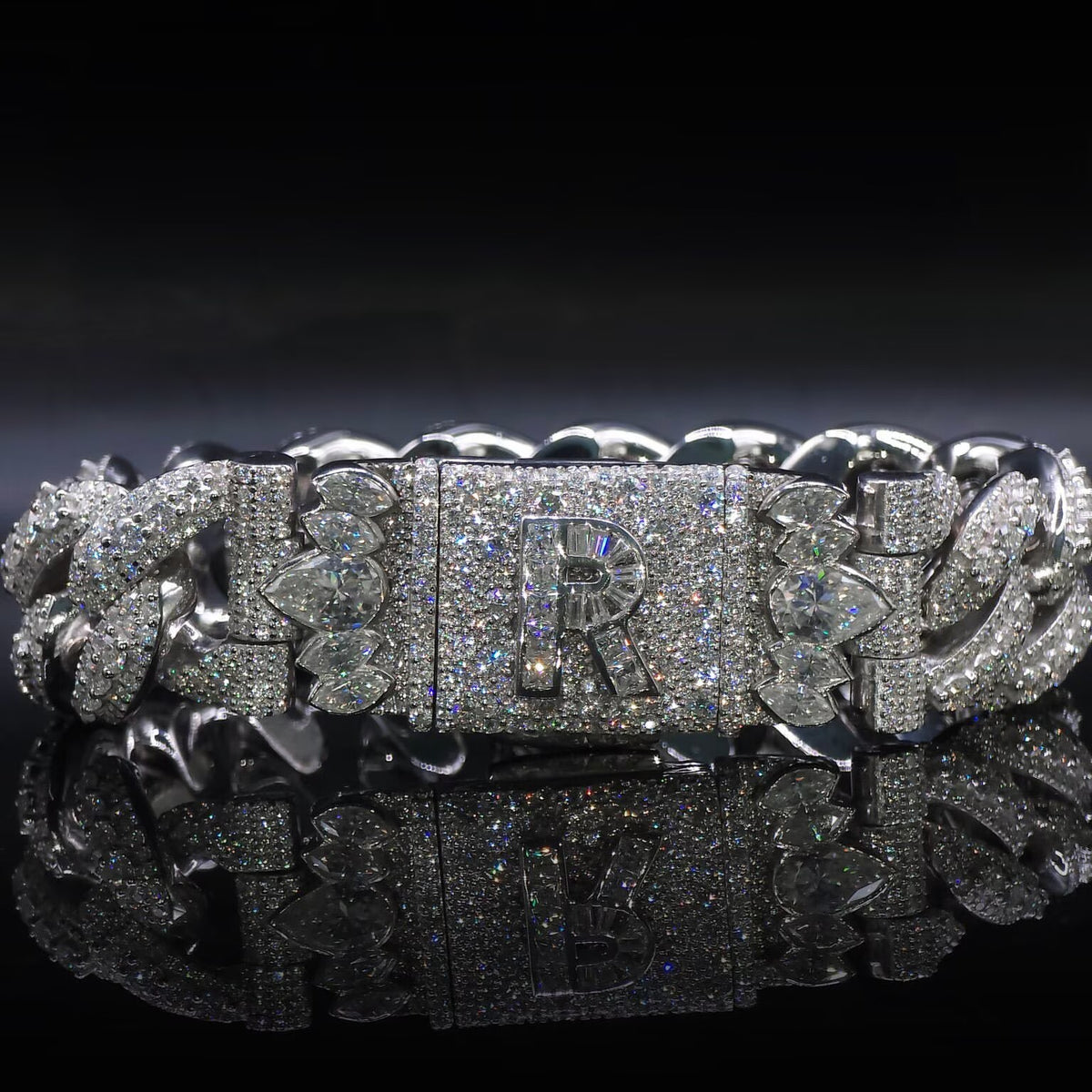 18MM Raised Stone Cuban Link Bracelet Moissanite Diamond With Initial Lock