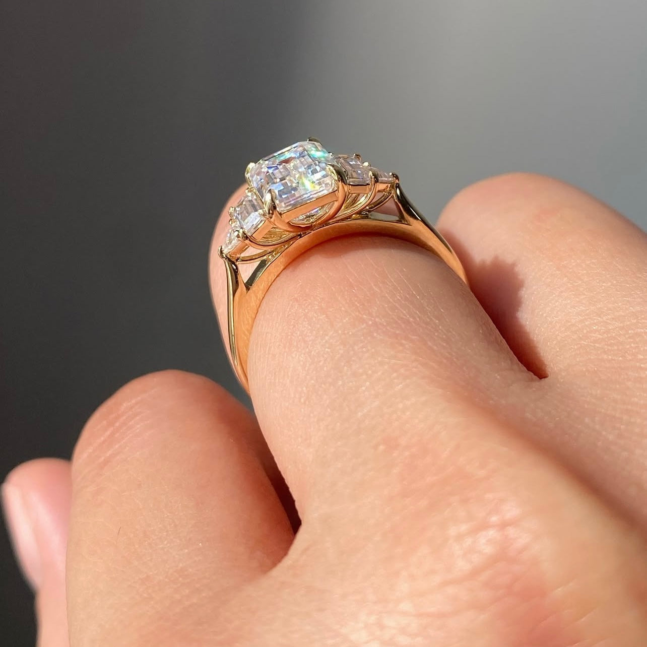 14K Yellow Gold Three Stone Design Emerald Cut Moissanite Diamond Ring For Women