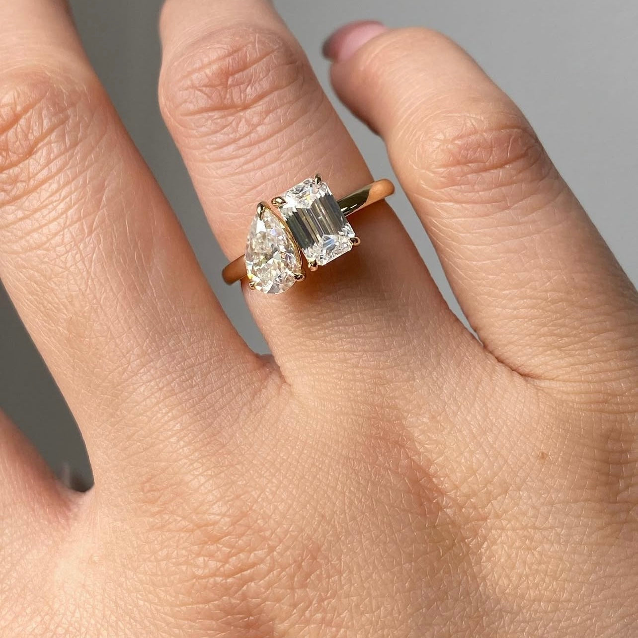 14K Yellow Gold Pear Cut Mix Emerald Cut Two Stone Design Moissanite Ring