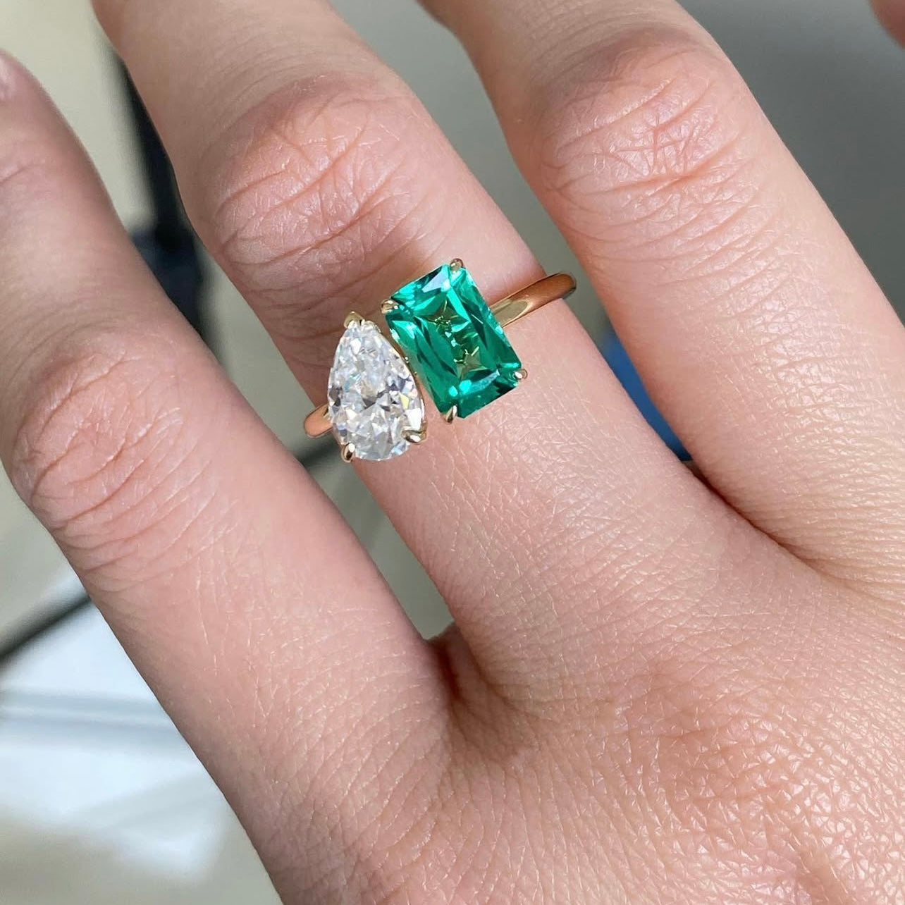 10K Yellow Gold Two Tone White Mix Lab Created Emerald VVS Moissanite Diamond Ring