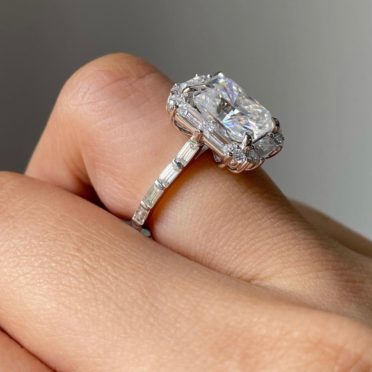 10K White Gold Radiant Cut Moissanite Diamond Wedding Vintage Jewelry