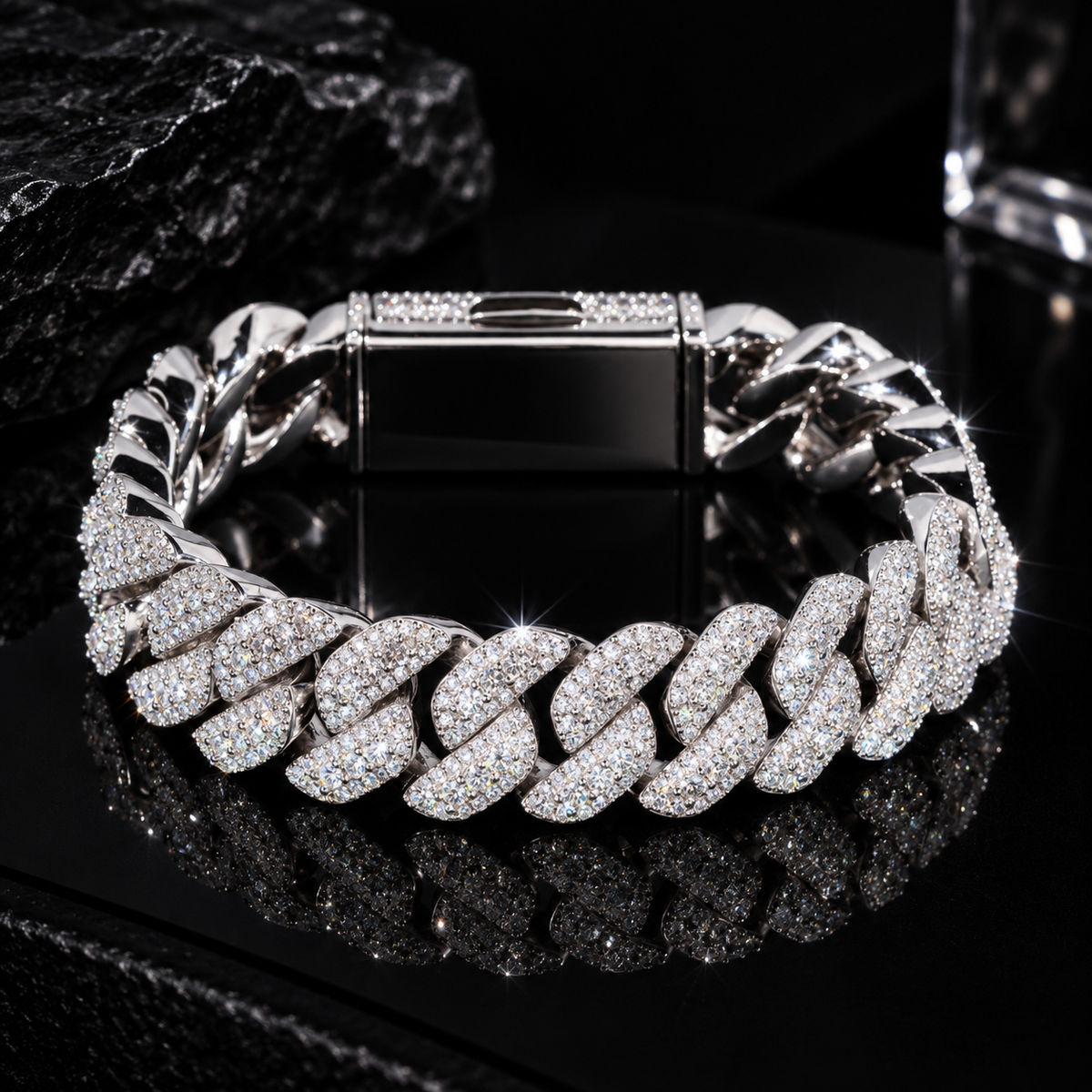 15MM Three Rows Iced Out Solid Silver Miami Cuban Link Bracelet For Men