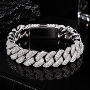 15MM Three Rows Iced Out Solid Silver Miami Cuban Link Bracelet For Men