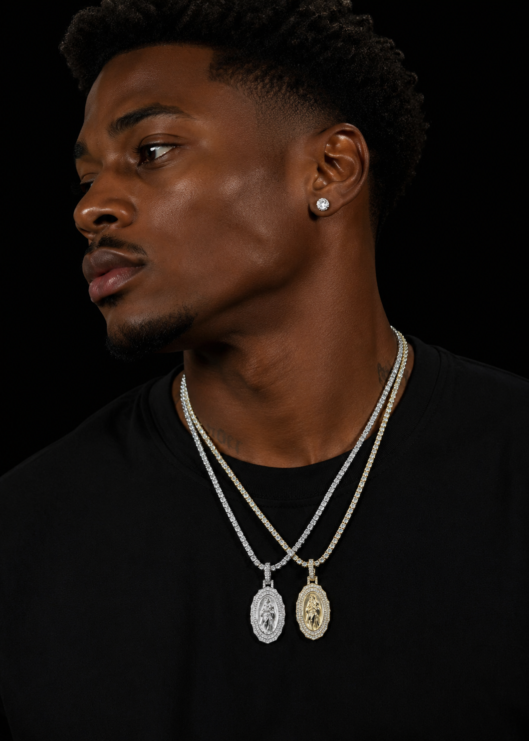 925 Silver Maria & Jesus Pendant with Tennis Chain, Iced Out Hip Hop Jewelry
