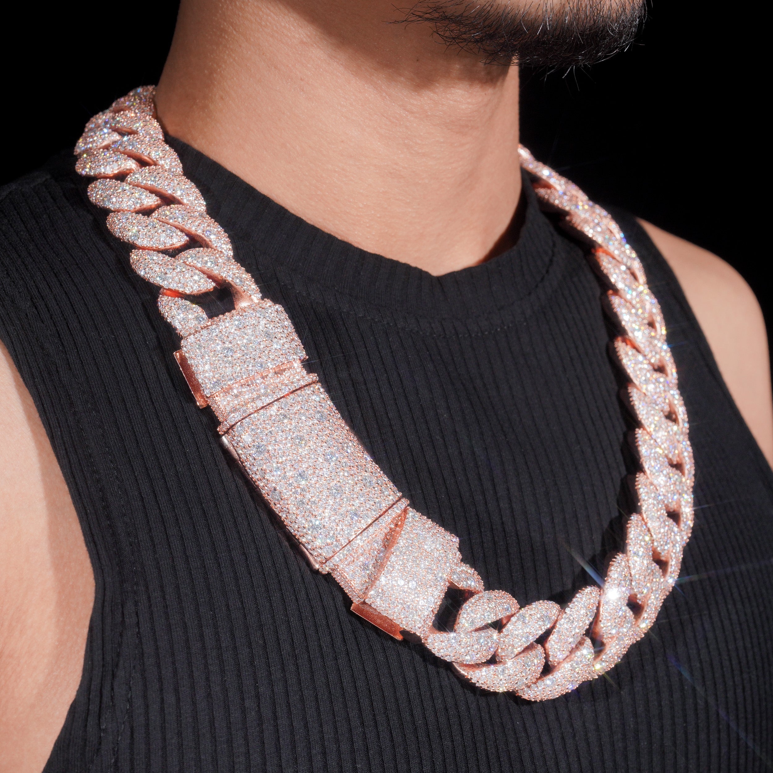 28mm Mosaic-Set Diamond Cuban Link Chain 14K Gold