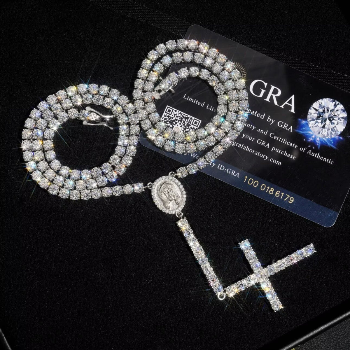 925 Sterling Silver Moissanite Jesus Cross Rosary Necklace