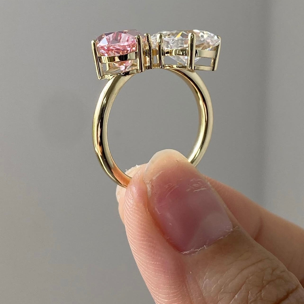 10K Yellow Gold Two Stone Design Pear Cut White Mix Pink Moissanite Diamond Women Ring Jewelry