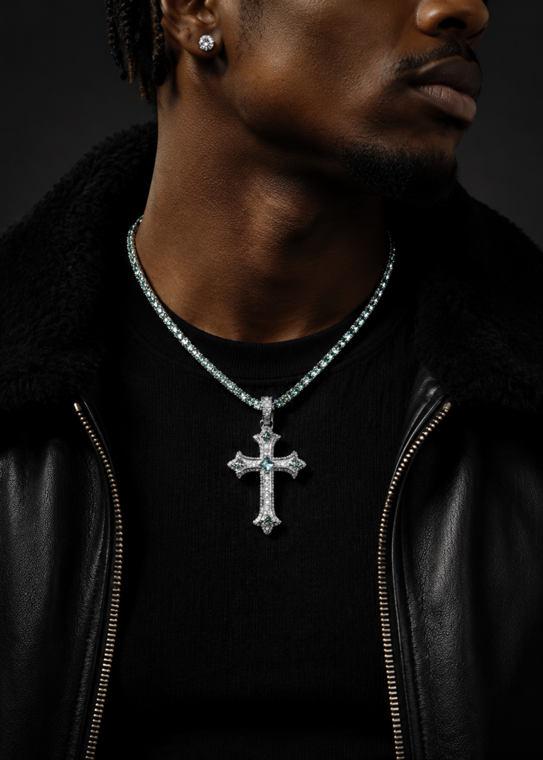 Tiffany Blue Moissanite Tennis Chain With Matching Cross Pendant Sterling Silver 925 Iced Out