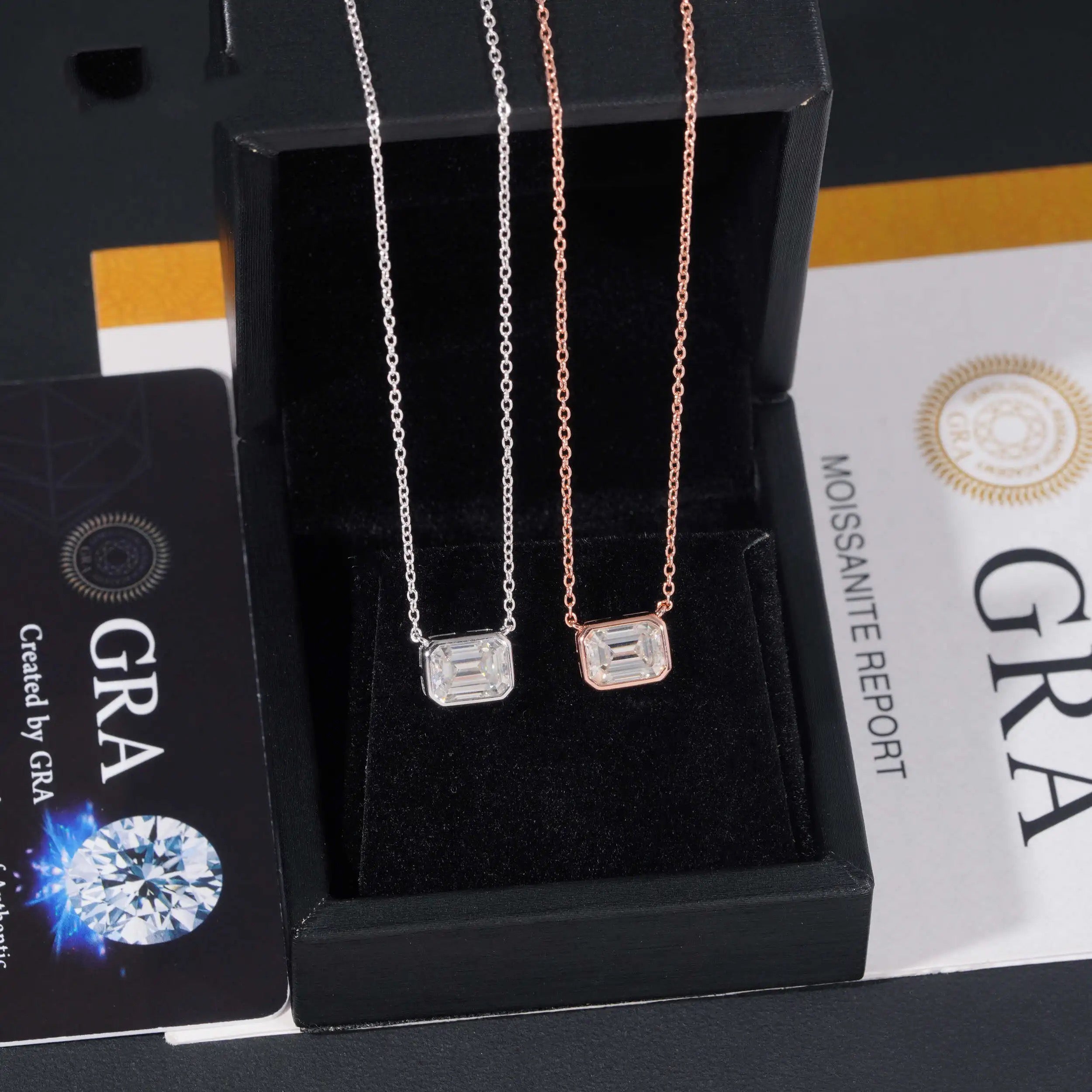 Women Emerald Cut 2CT VVS Moissanite Diamond Necklace Bezel Setting Solid Silver