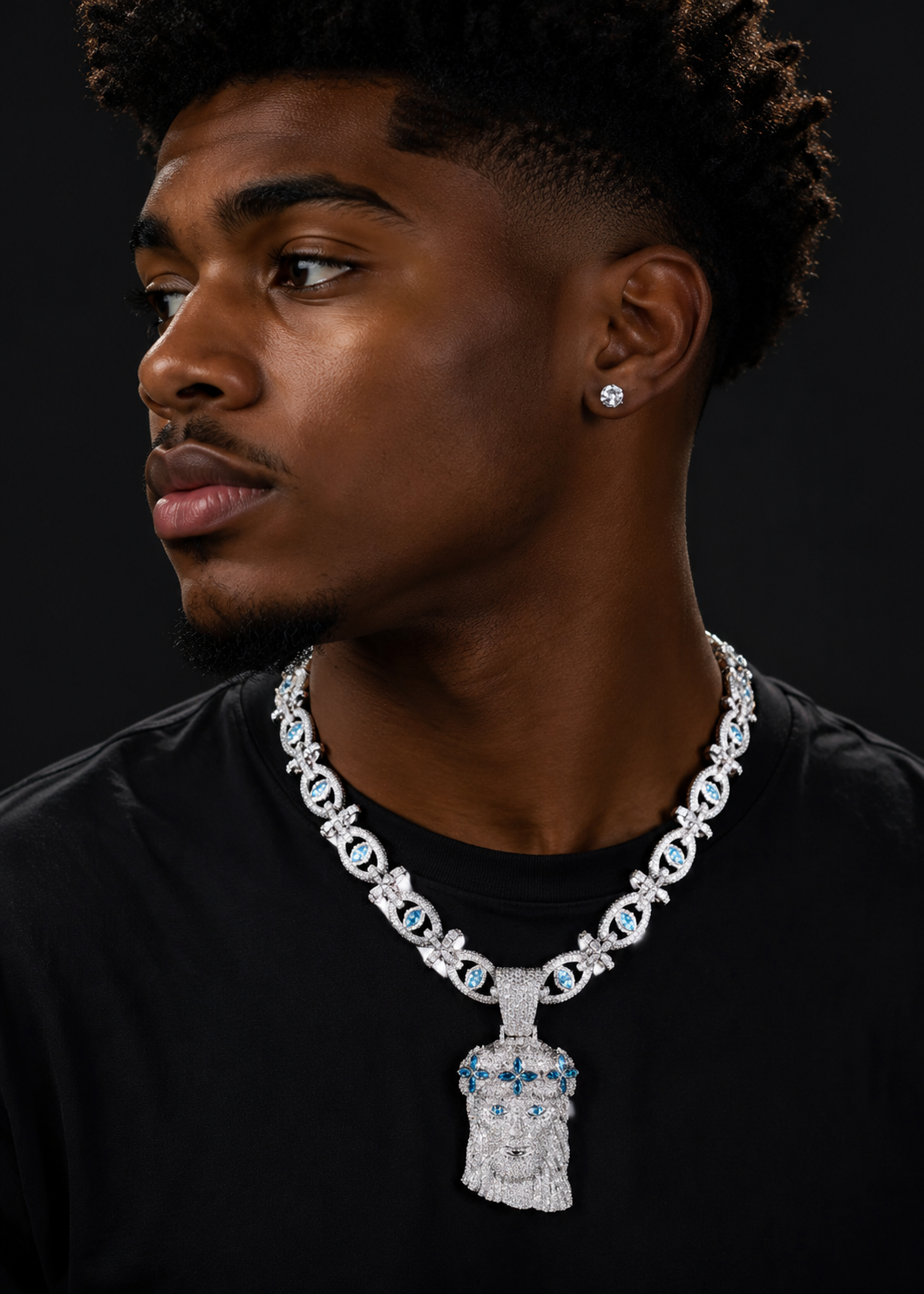 Fully Iced Out 925 Sterling Silver Men Jewelry Aquamarine Blue Moissanite Jesus With Evil Eye Chain Set