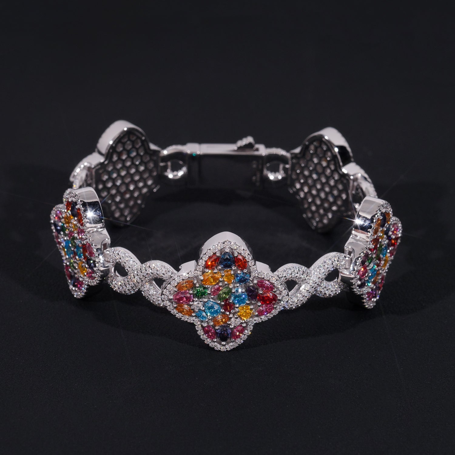 20MM Width Clover Bracelet Fancy Cut Color Moissanite Diamond Solid Silver Iced Out