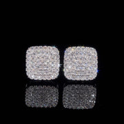 Pair of men's square iced-out moissanite stud earrings, micro-pave VVS in white gold 925 silver