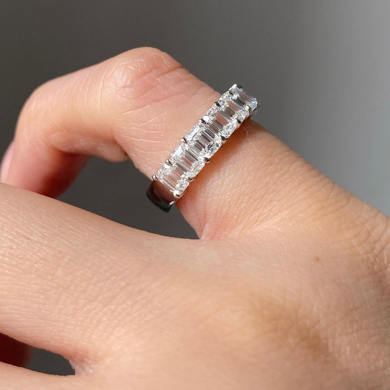 Half Iced Emerald Cut VVS Moissanite Ring Band 10K White Gold