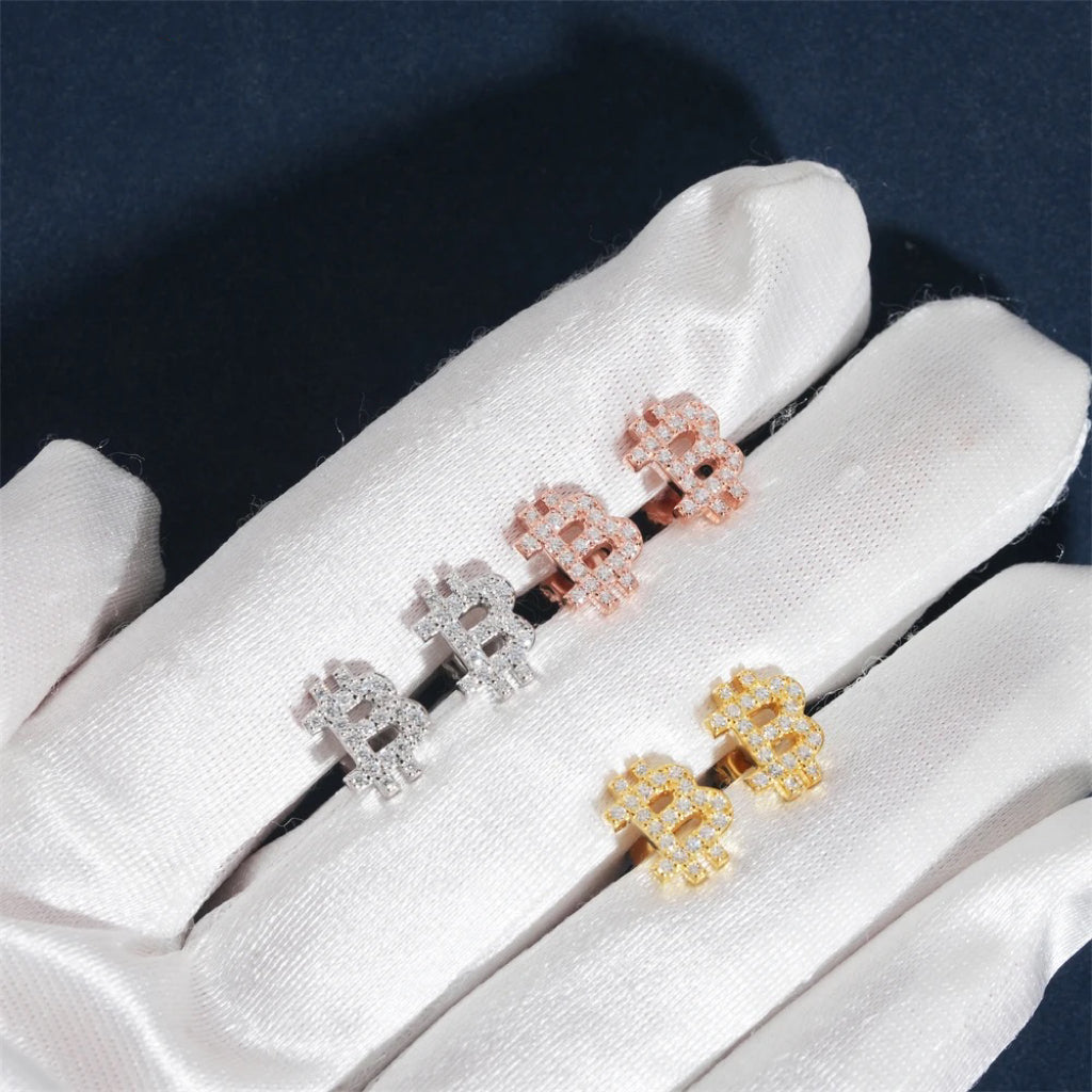 Solid Silver Bitcoin Logo Stud Earrings Screw Back Moissanite Diamond Pass Diamond Tester