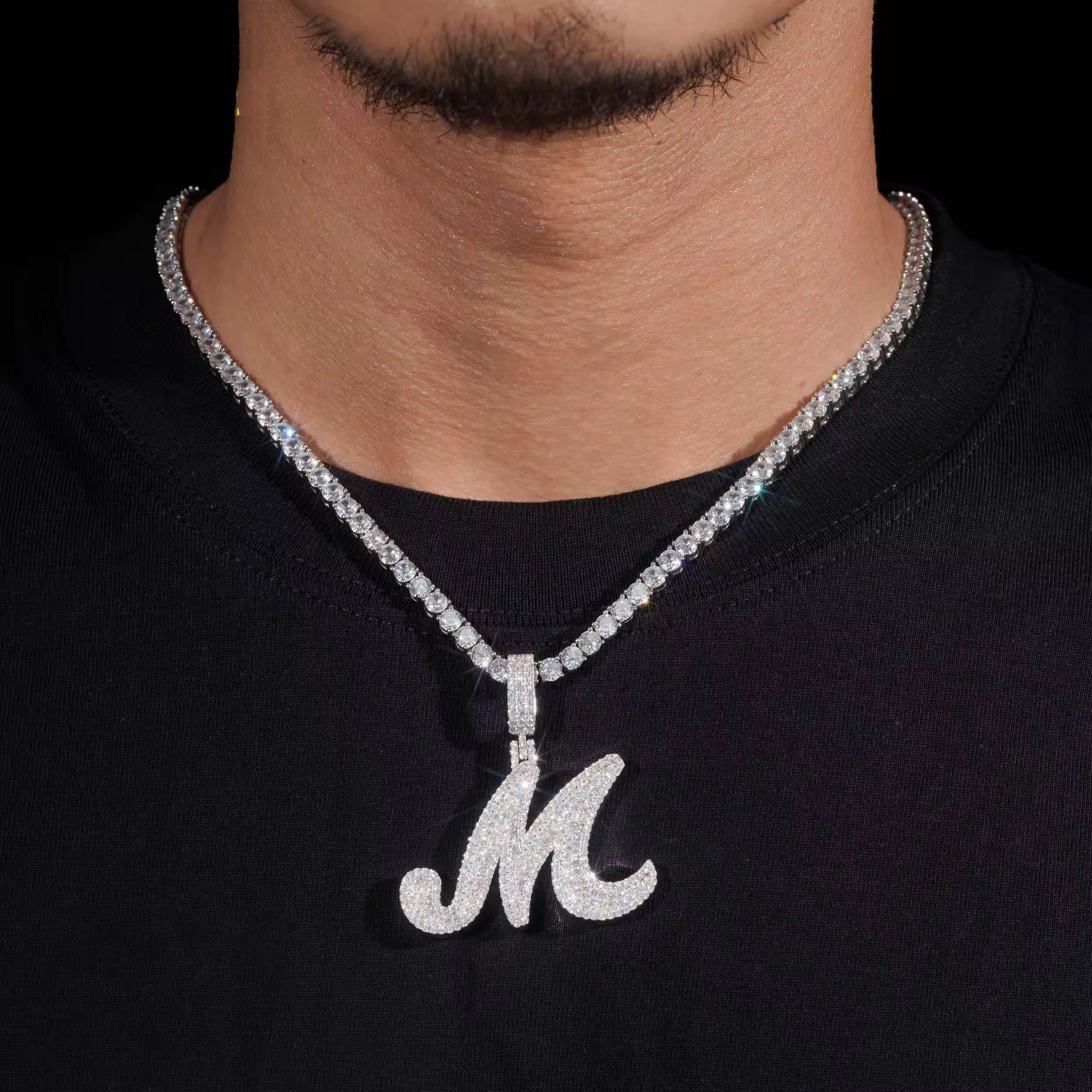 Fully Iced Out Silver 925 Custom Mde Cursive Font Initial M Match 4MM Tennis Chain