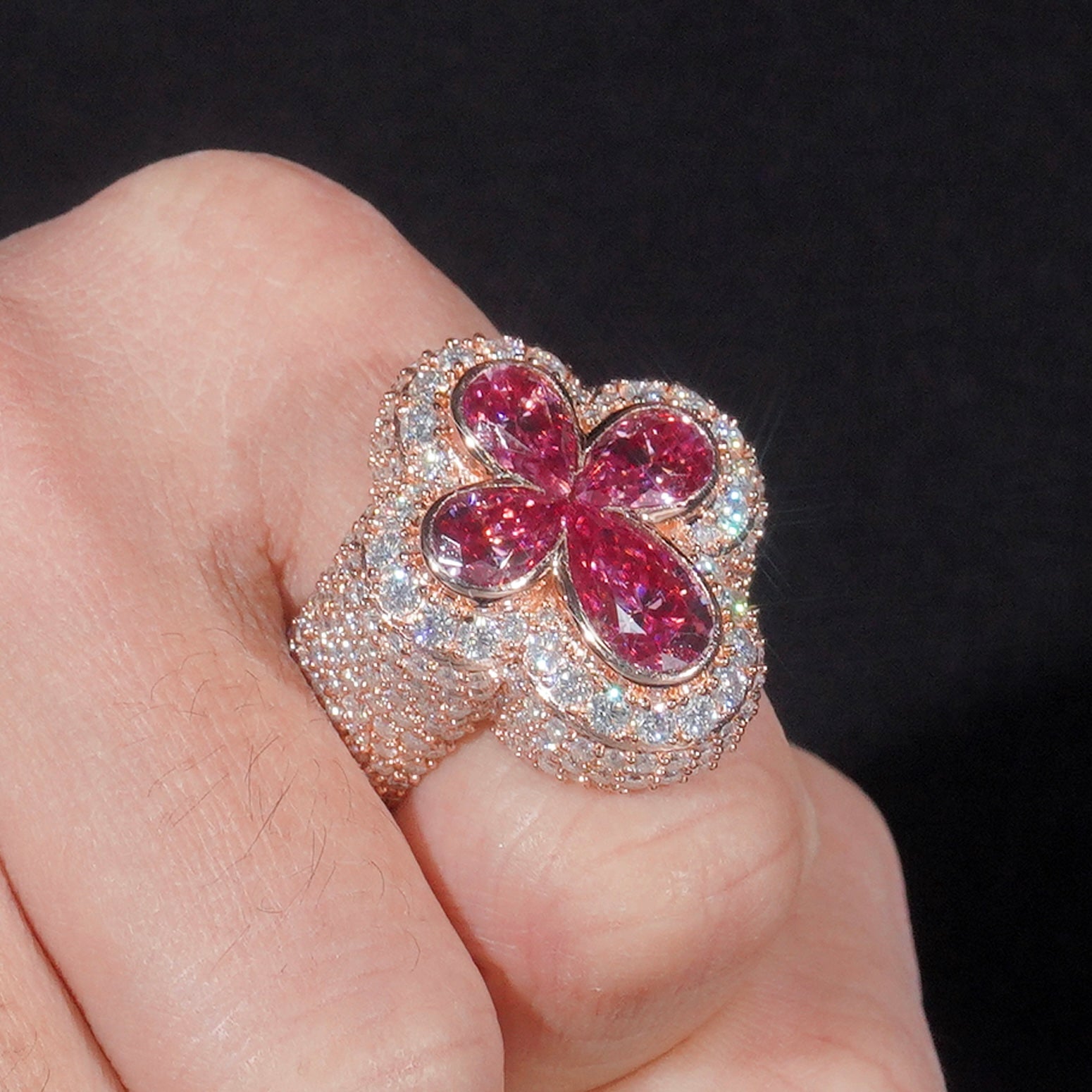 VVS Pink Moissanite Clover Flower Ring Rose Gold Plated Over Solid Sil