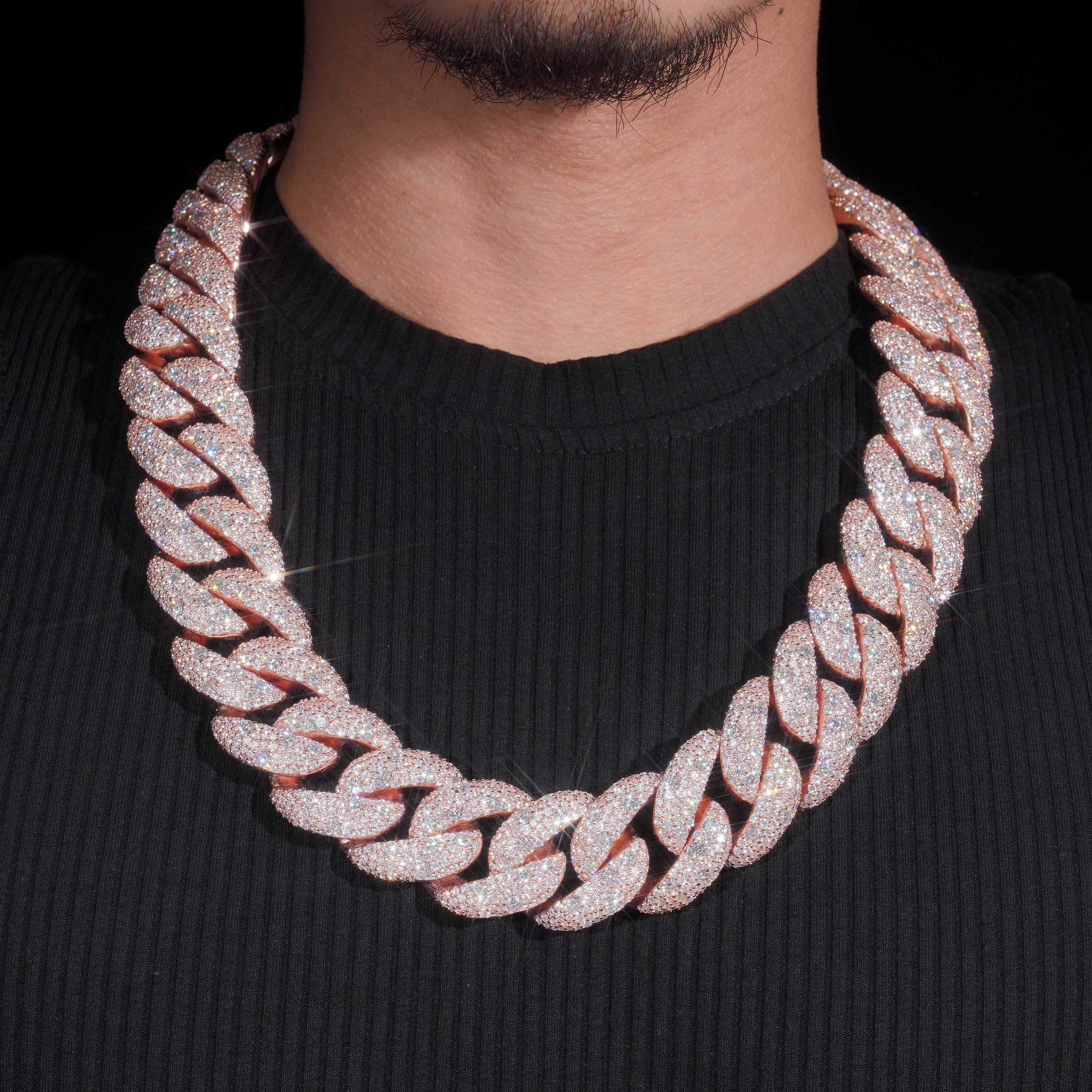 Solid Silver Rose Gold Plated 28MM Mosaic Setting Cuban Link Chain Necklace Moissanite Diamond For Men