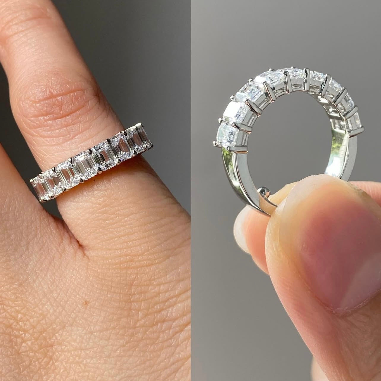 Half Iced Emerald Cut VVS Moissanite Ring Band 10K White Gold