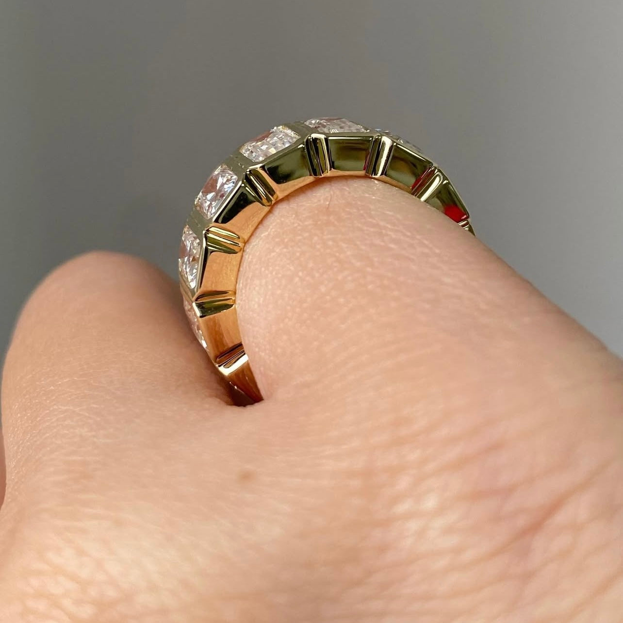 10K Yellow Gold Radiant Cut Mix Emwrald Cut VVS Moissanite Eternity Ring Band