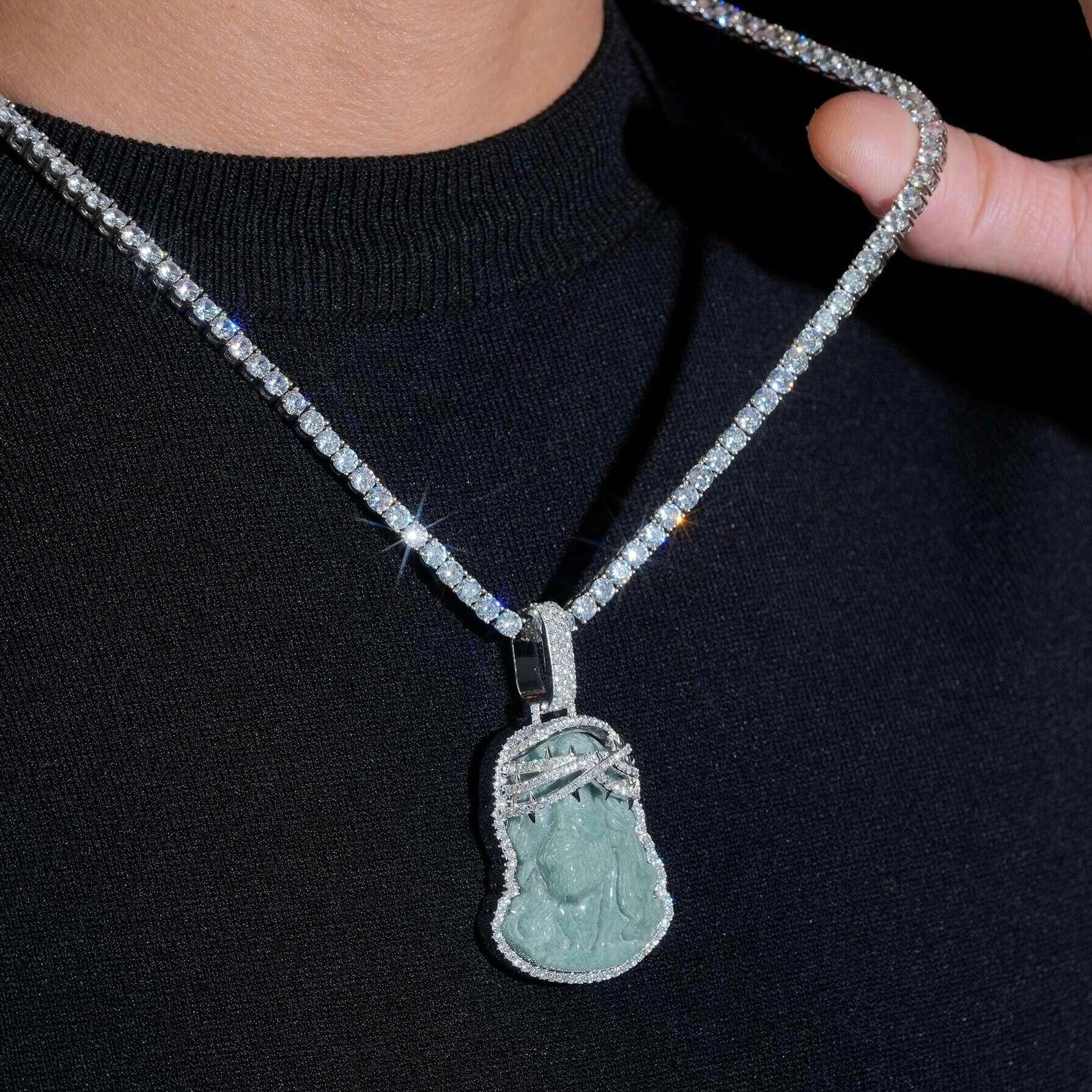 2inch Tall Iced Frame Jade Jesus Pendant Moissanite