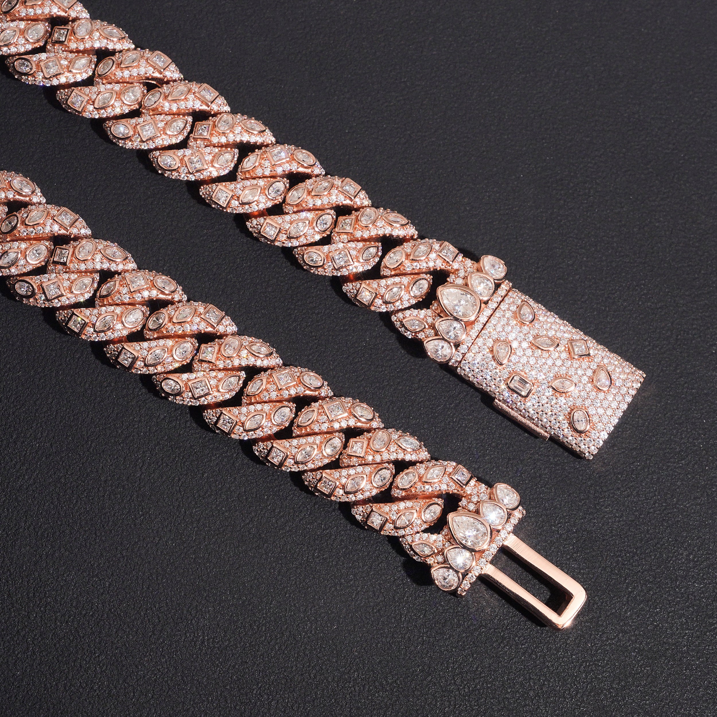 15MM Fancy Cut VVS Moissanite Diamond Cuban Link Chain Necklace Rose Gold