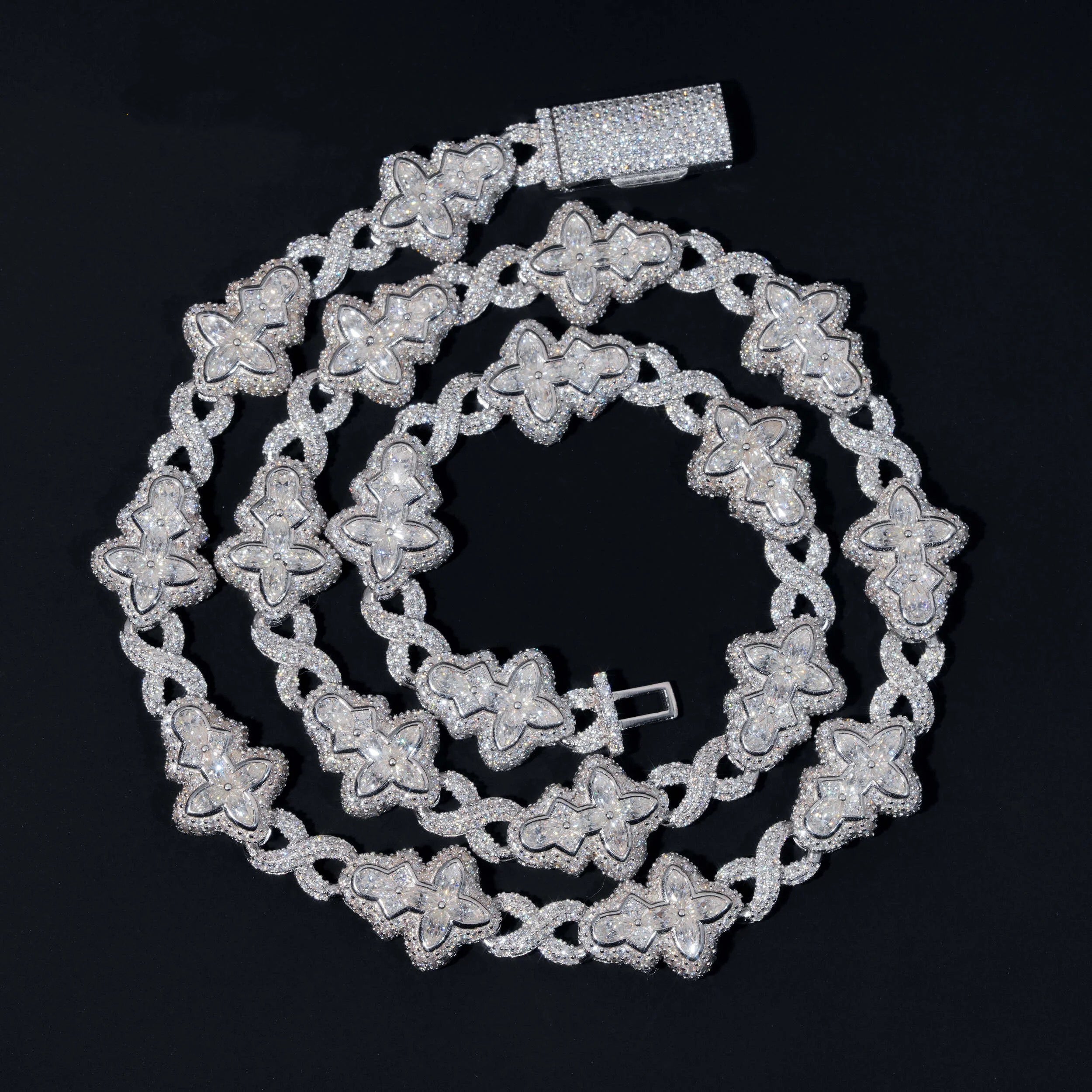 New Design 18MM Cross Flower Link Fancy Cut Moissanite Hip Hop Jewelry Necklace Sterling Silver 925