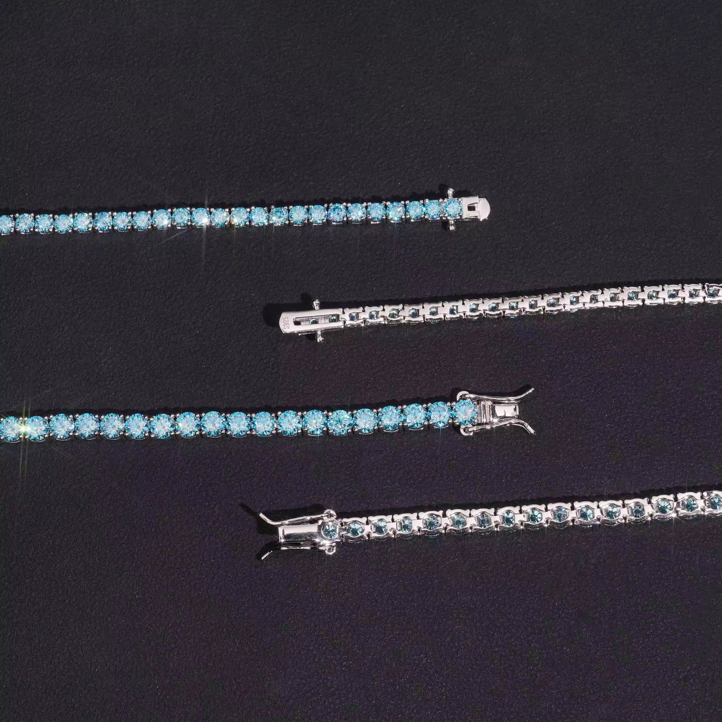 3MM 4MM Aquamarine Blue Moissanite Diamond Tennis Bracelet 925 Silver