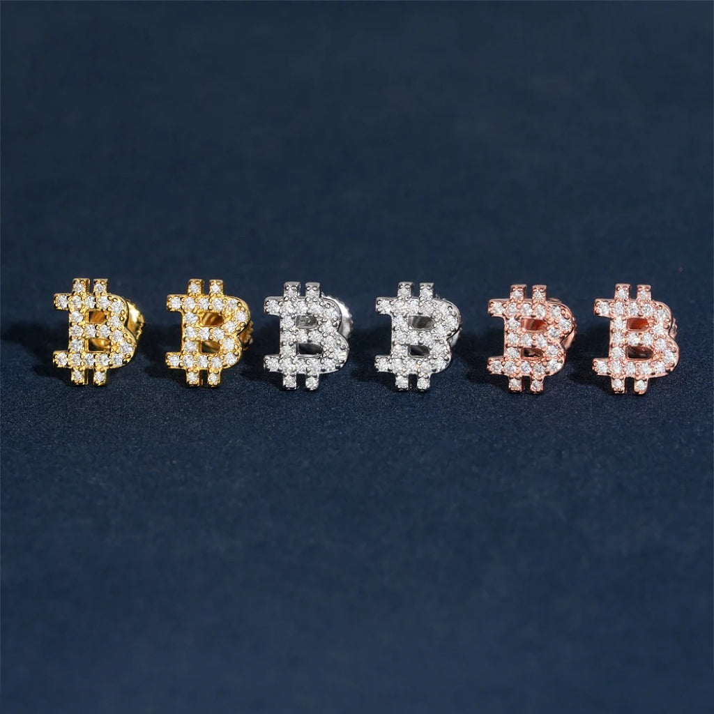 Solid Silver Bitcoin Logo Stud Earrings Screw Back Moissanite Diamond