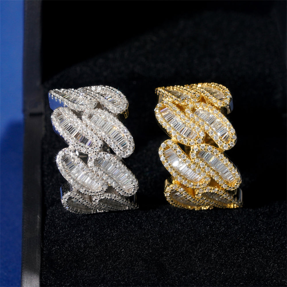 Men Iced Out 925 Sterling Silver VVS Moissanite Diamond Baguette Cuban Ring