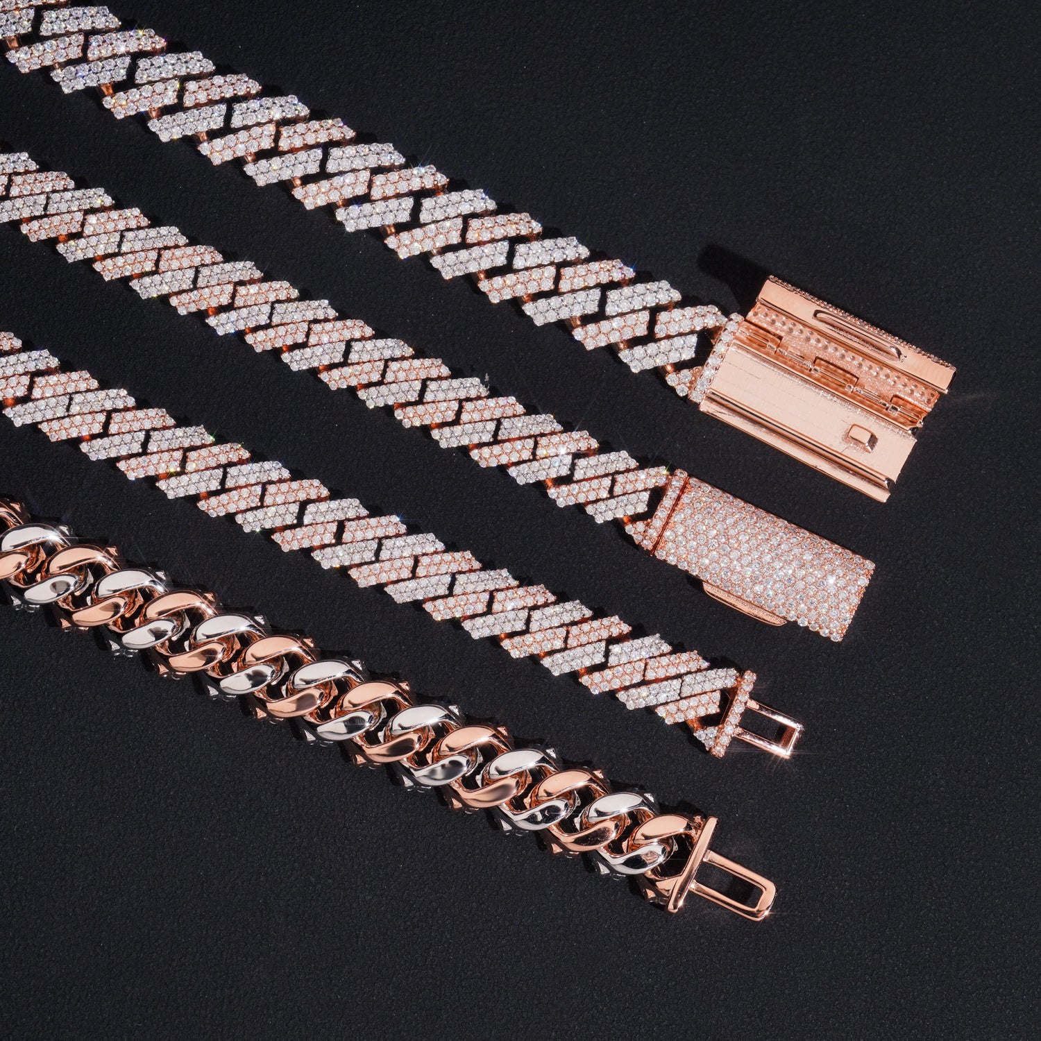 10MM 12MM Two Rows Iced Out Moissanite Diamond Cuban Link Chain Rose Gold Mix White Gold