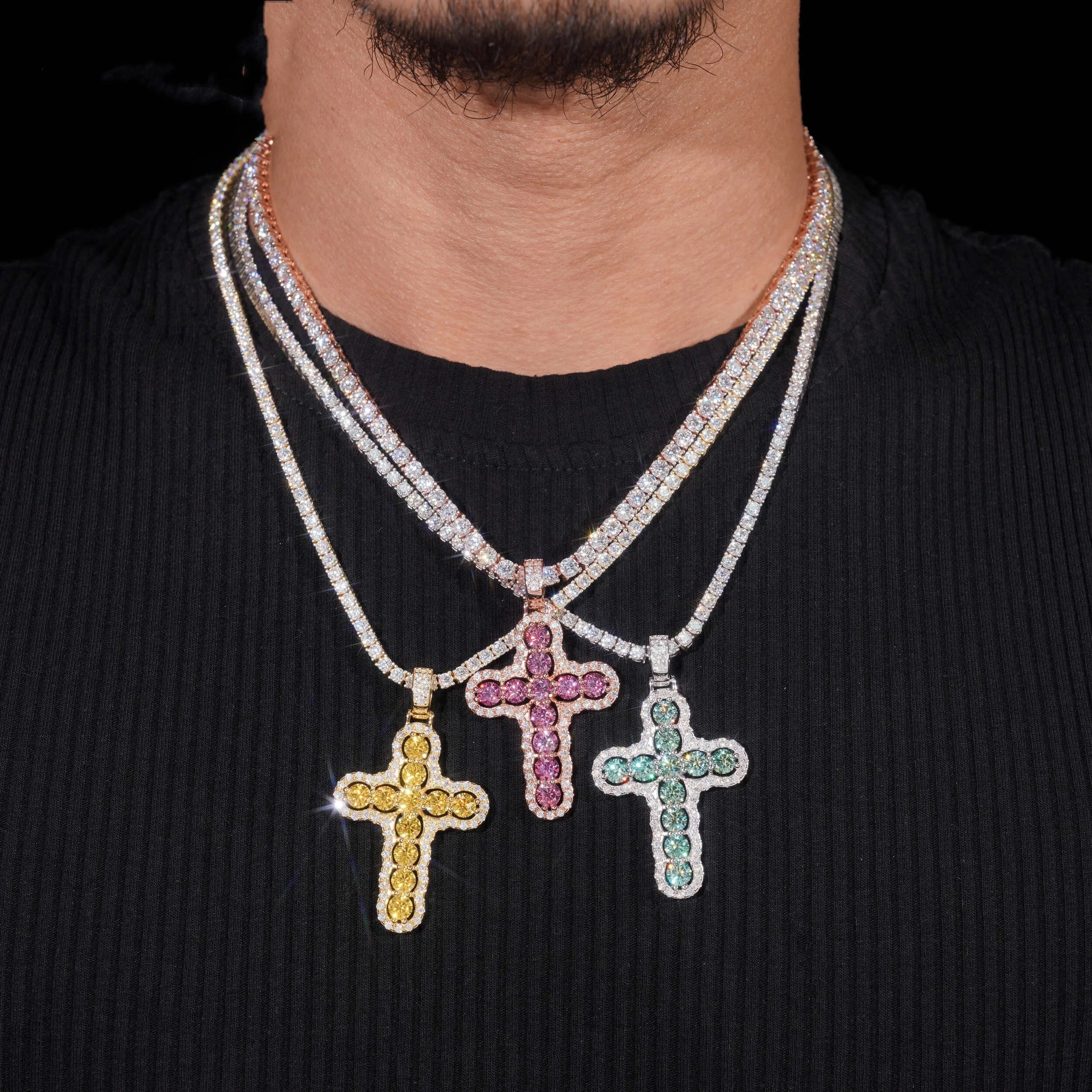 Christmas Edition Color Moissanite Cross Pendant Match 4MM Tennis Chain Iced Out