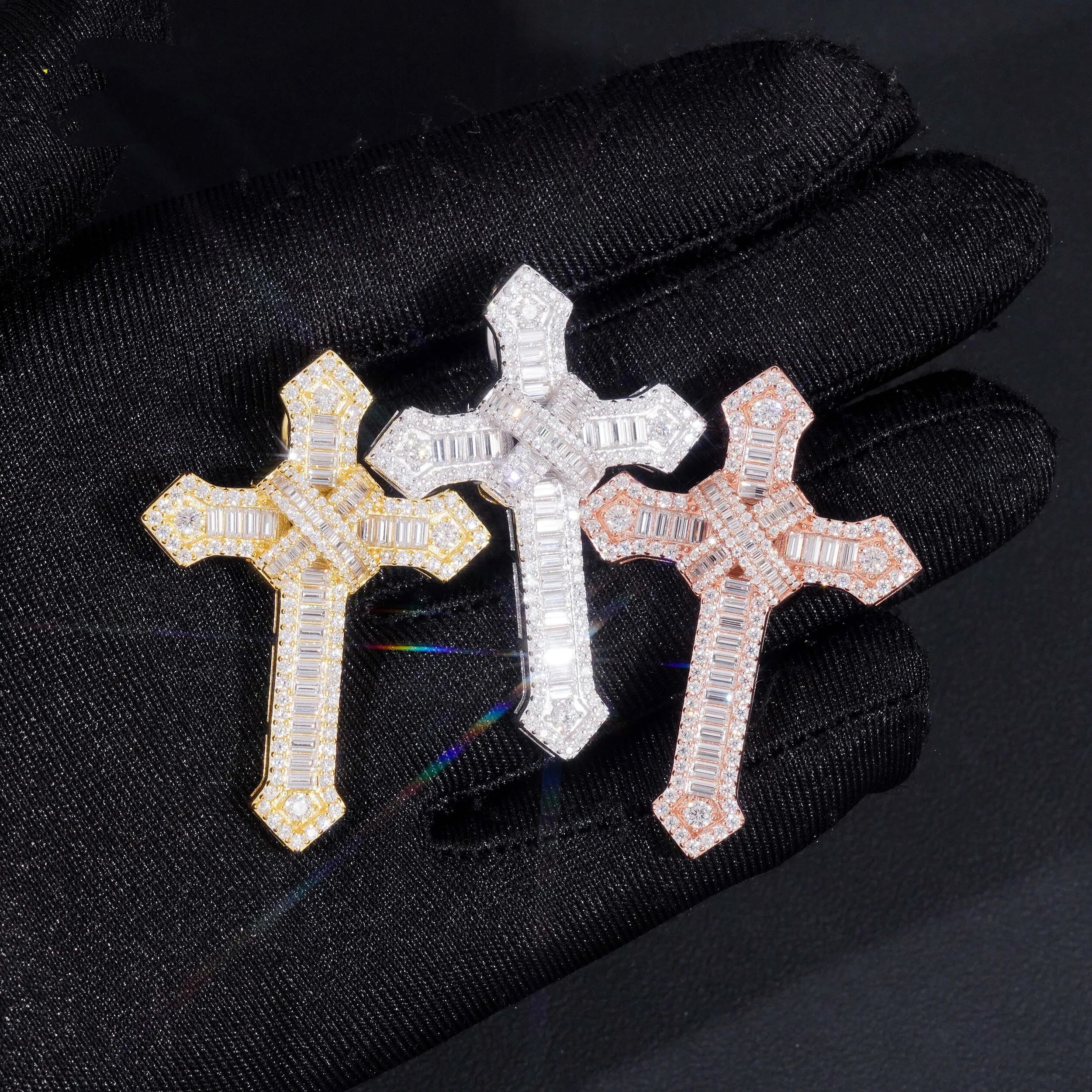 New Arrival 925 Silver Baguette Cut Cross Pendant Charm Match 3MM Tennis Chain